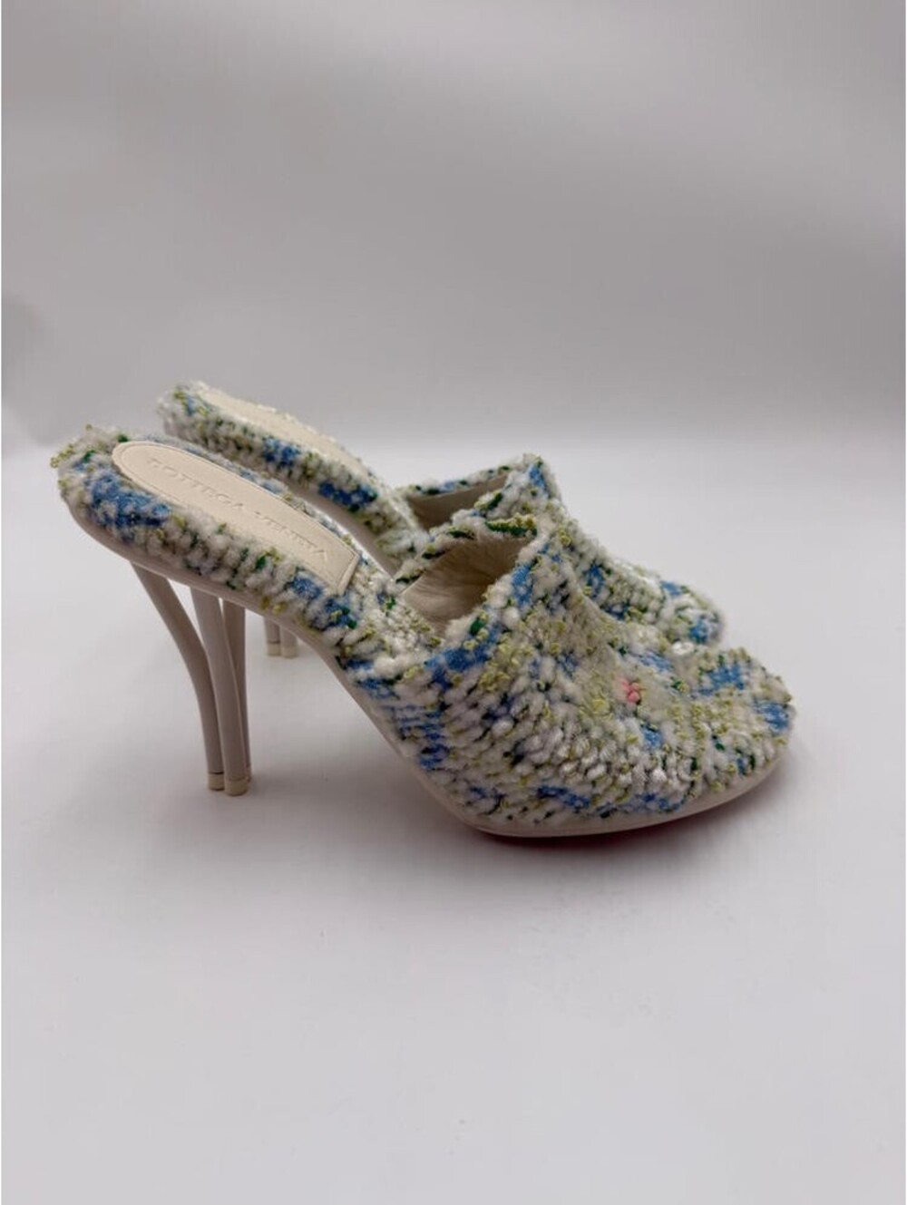 Women's Bottega Veneta Tweed Printed Sandals Heels White/Blue/Green Size 38